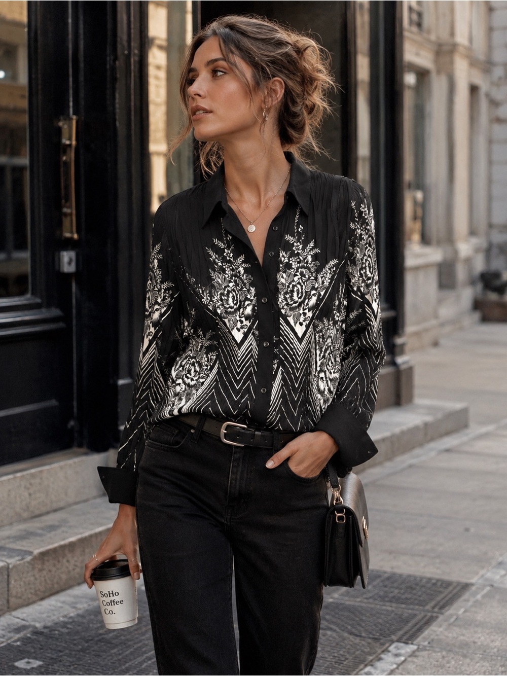 Alison Sheri Brand Black Floral Chevron Print Button-Front Blouse - Women's Top